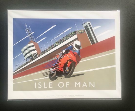 Stylised depiction of a motorcyclist racing at the Isle of Man, featuring vibrant colours.