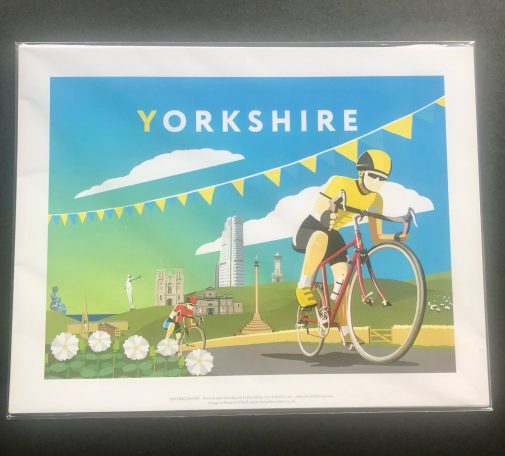 Illustration of a cyclist in yellow gear with Yorkshire landmarks and bunting in the background.