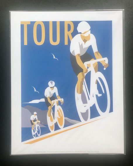 Stylised illustration of cyclists racing in a scenic landscape with the word "TOUR."